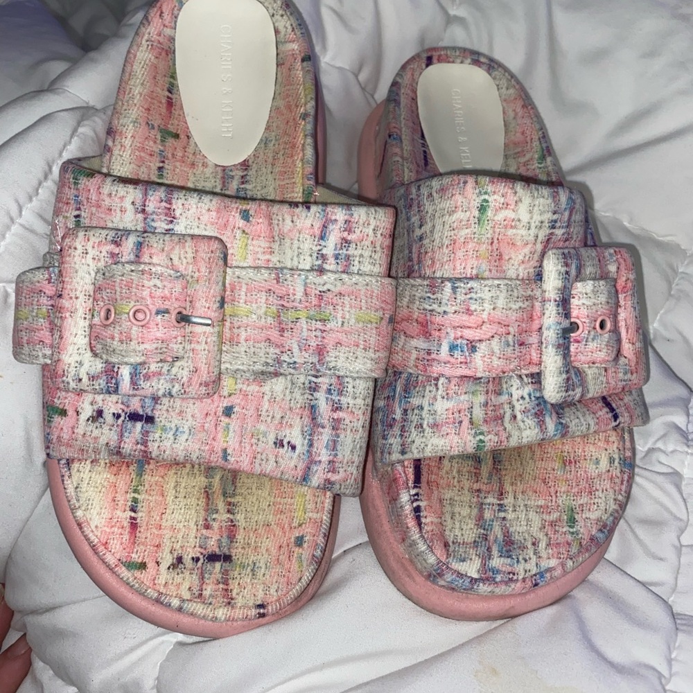 Charles & Keith Pink Multi Tweed Buckle Slide Sandals sz 39